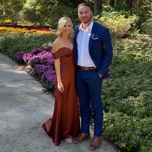 Revelry Bardot satin dress in Cinnamon Rose.